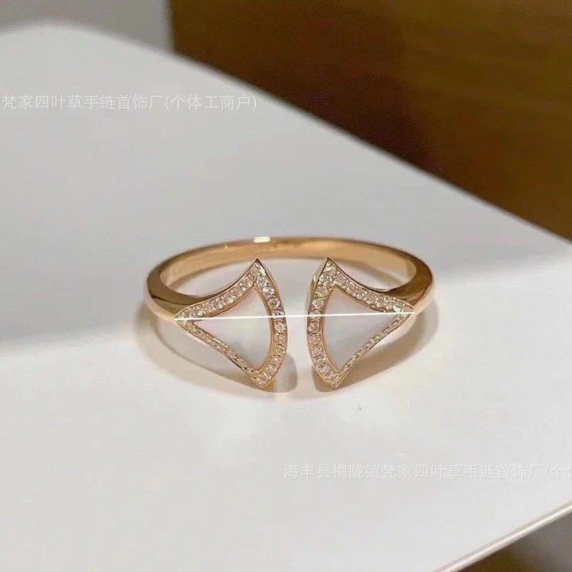 宝家镀18k玫瑰金小扇子开口戒指白贝指环扇形对戒轻奢高级送女友