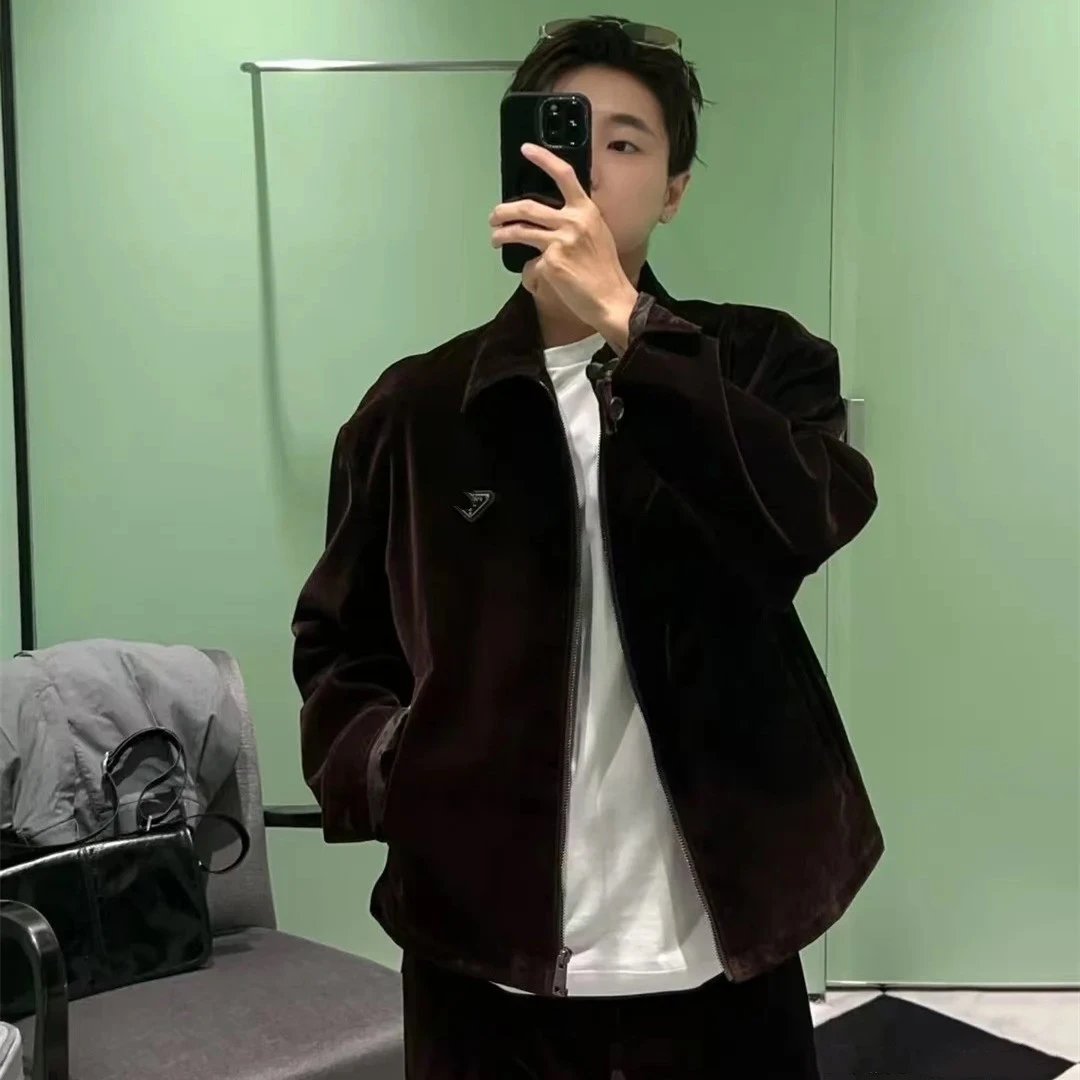 P家网红款三角标哑光天鹅绒黑色翻领夹克外套男女