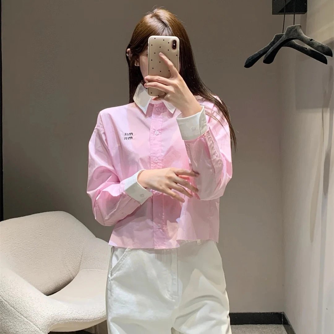 高品MIU缪家字母刺绣撞色翻领衬衫开衫女装衬衣