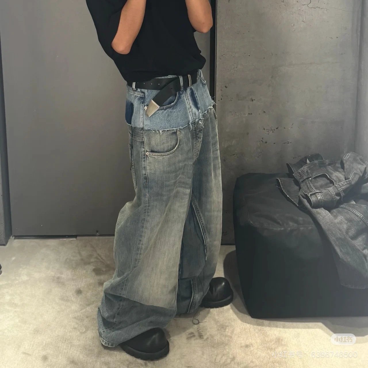 2025早春新款巴黎B家网红款宽松水洗拼接牛仔裤百搭阔腿裤男女