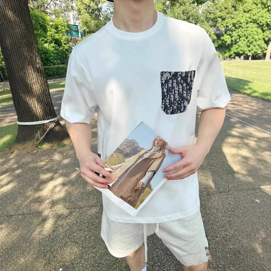 DO家经典提花贴布口袋 后背条纹印花短袖T恤男女