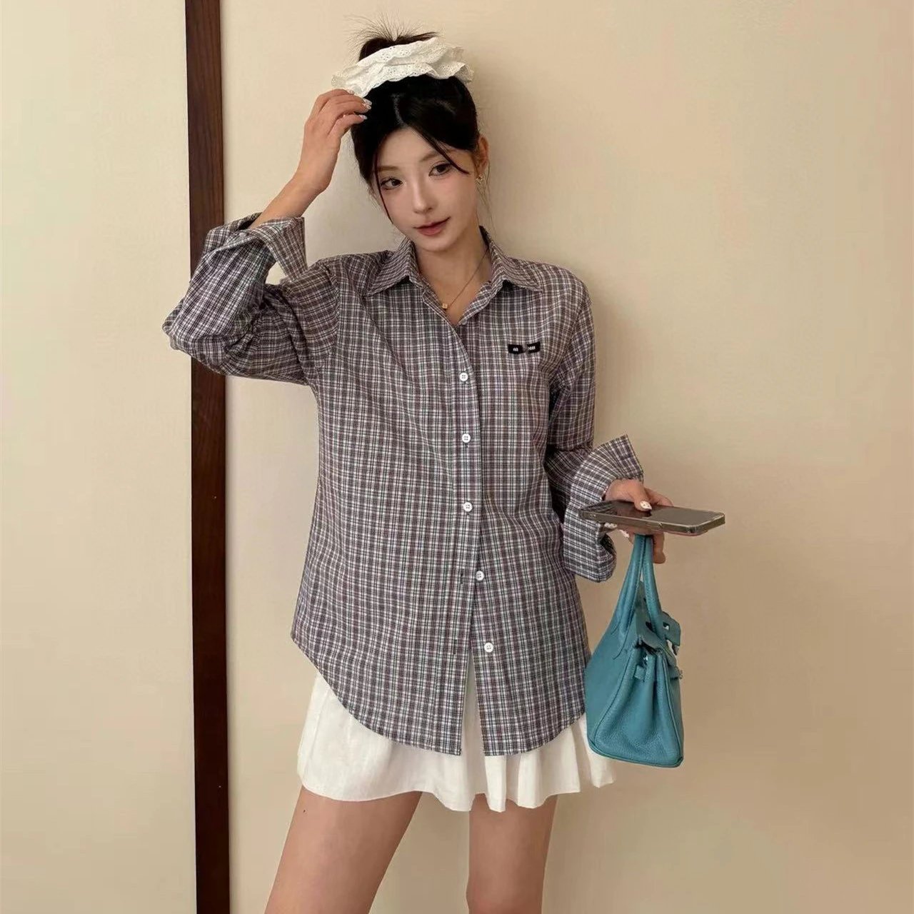 早秋新款MIU缪家款格纹棉质长袖衬衫衬衣男女