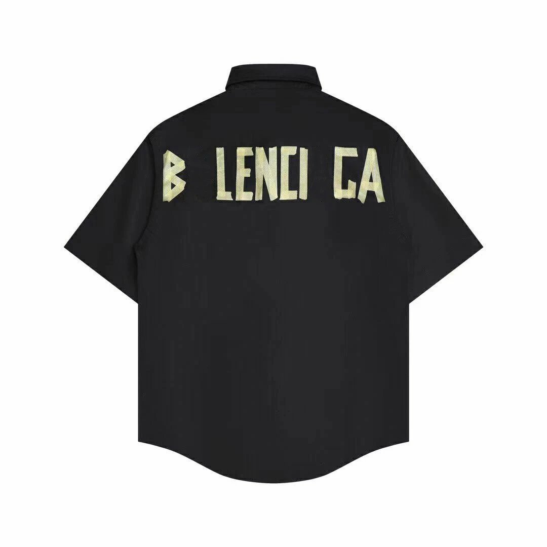 夏季新款巴黎B家黄胶带字母LOGO衬衫短袖男女