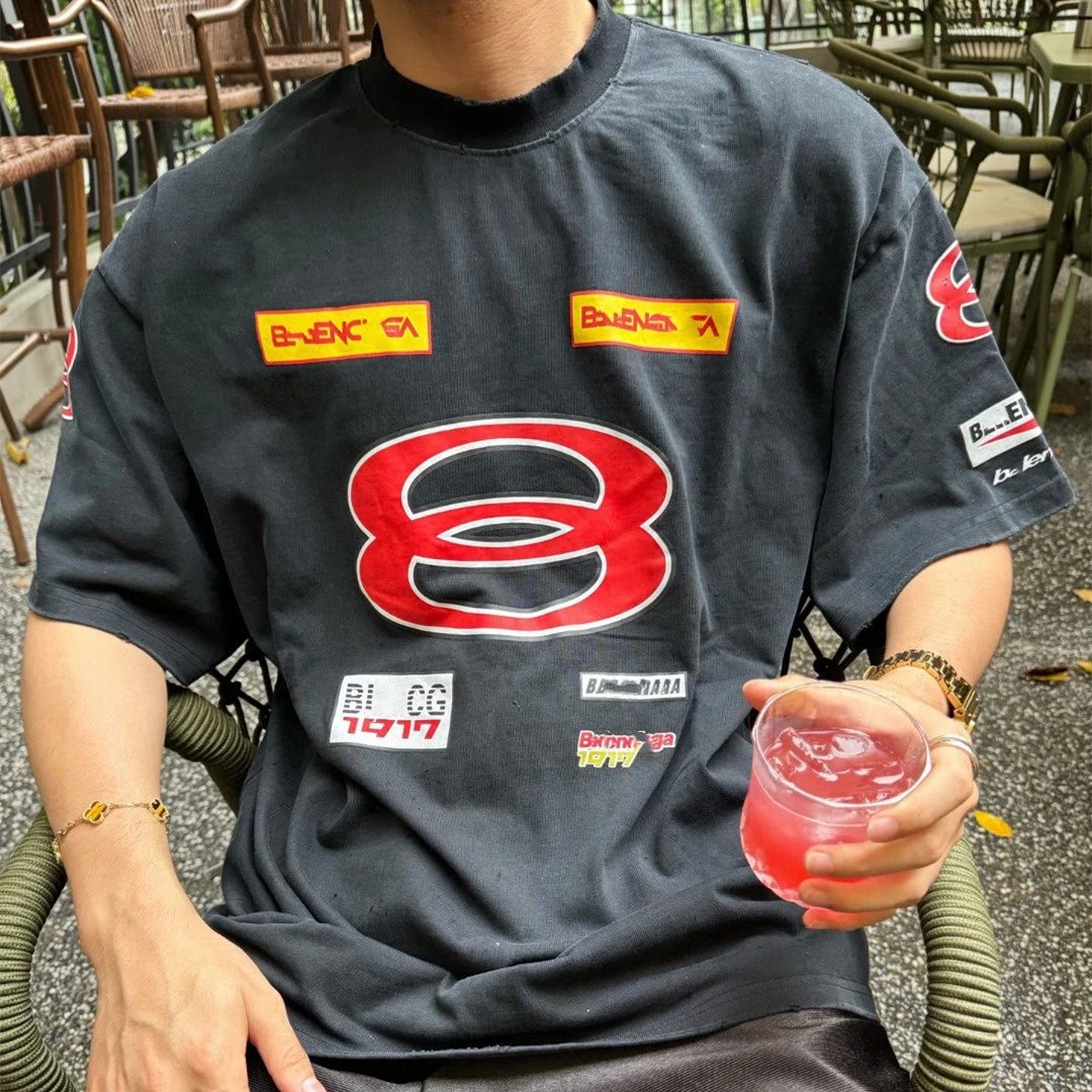 南油巴黎B家双环徽章小标印花字母圆领短袖T恤男女