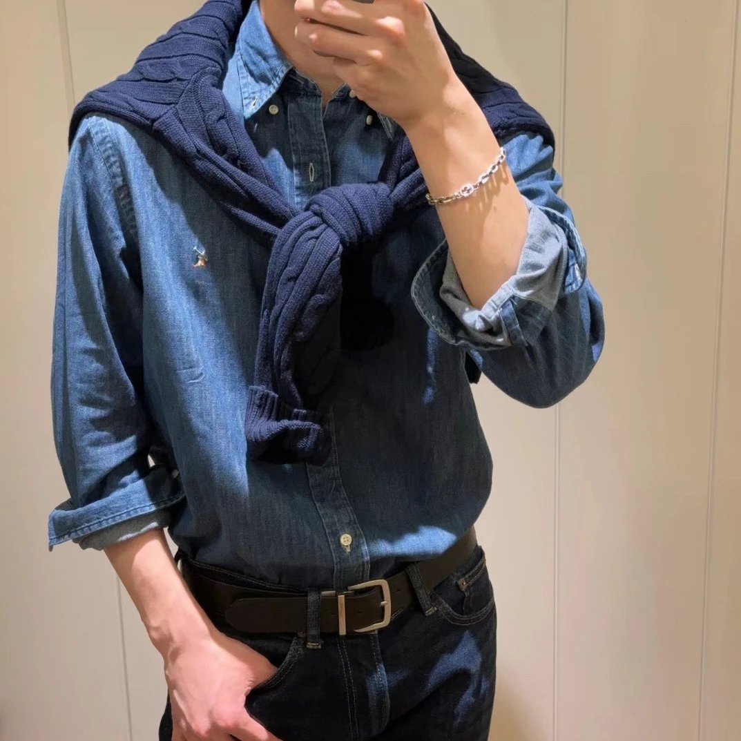 RL拉夫小马胸前经典战马刺绣老钱风翻领长袖牛仔衬衫外套