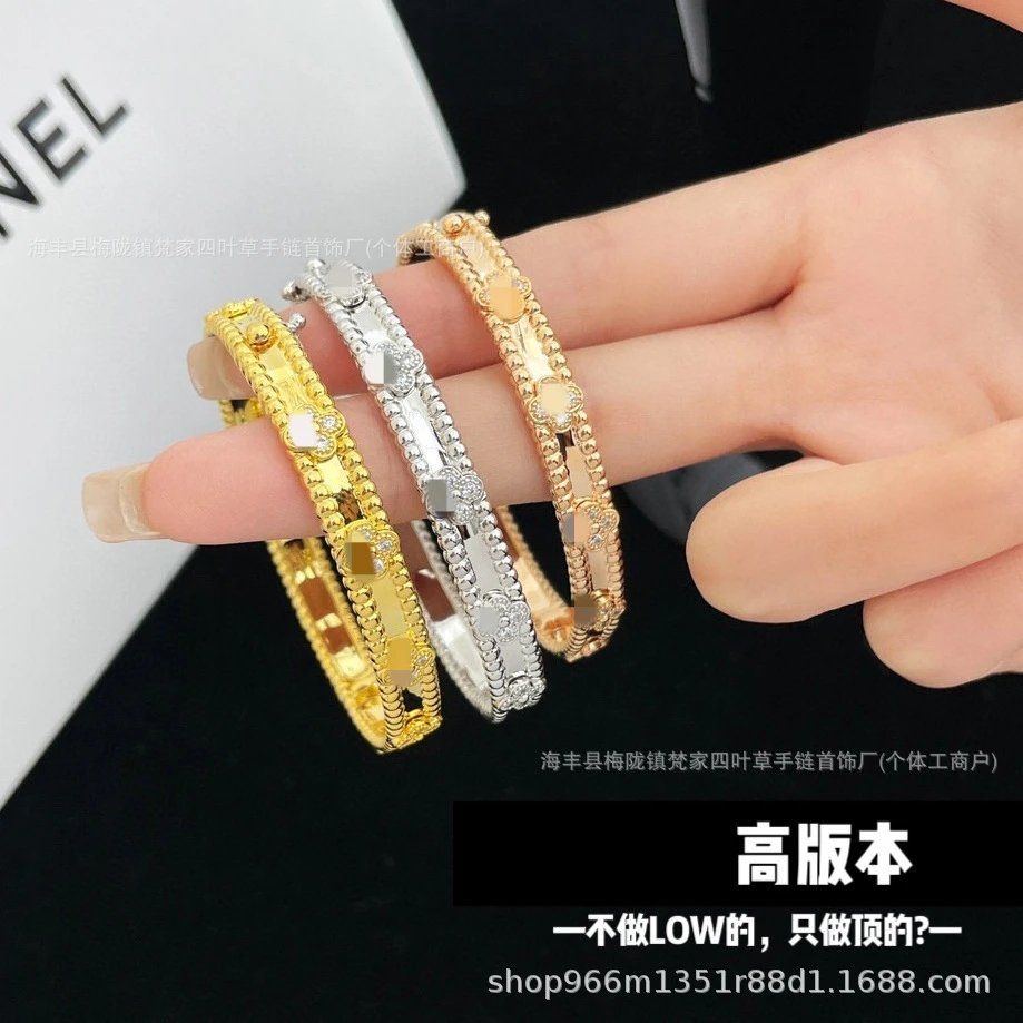 梵家CNC精雕万花筒窄版手镯女厚镀18K玫瑰金满钻四叶草手环