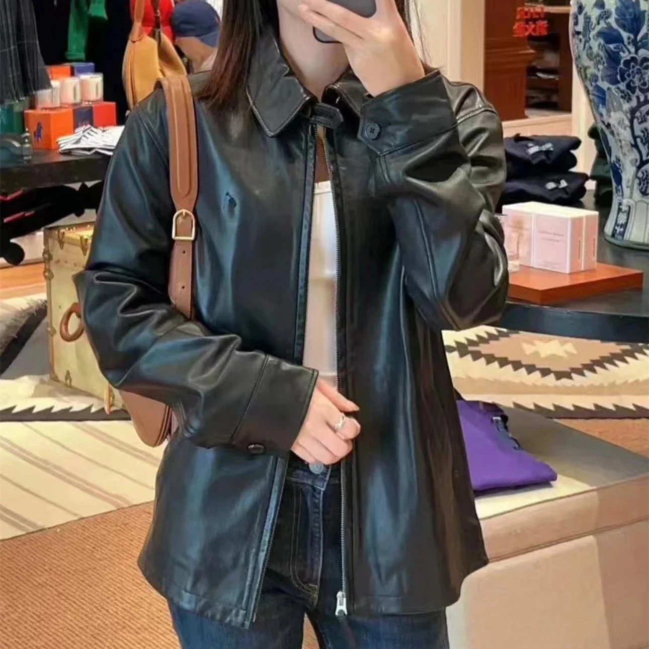 早春新款RL拉夫小马经典刺绣拉链翻领长袖皮衣夹克外套男女