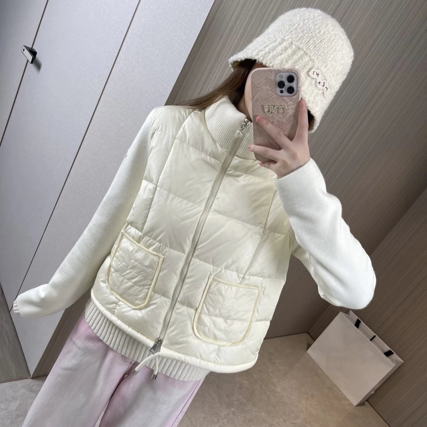 蒙家立领拼接针织羽绒娃娃款短款羽绒服外套女装