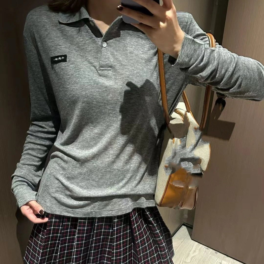 2025新款MIU家刺绣字母polo衫翻领长袖防晒上衣女士