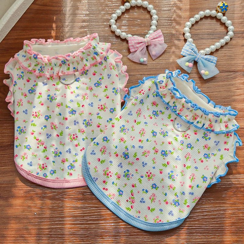春夏新品木耳卷边碎花狗狗猫咪宠物猫衣服狗用品矮脚比熊