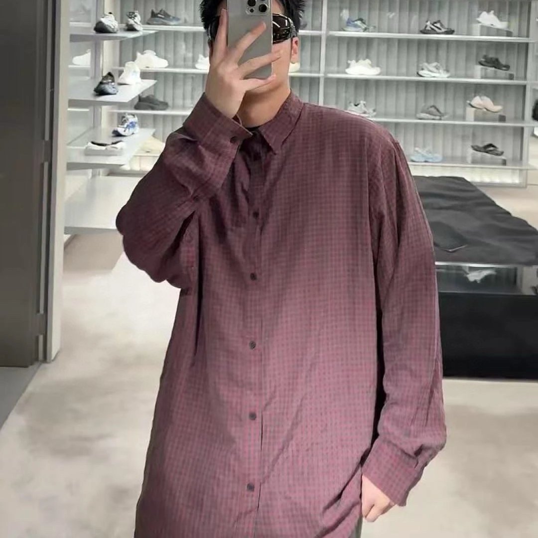 SS25早春新款巴黎B家网红款格纹翻领长袖衬衫开衫男女