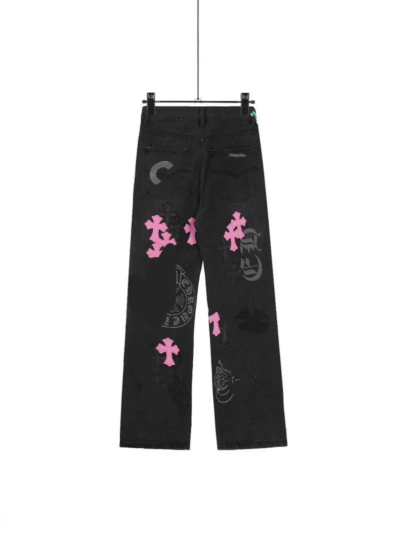 24SS CH黑紫贴皮彩绘牛王十字架牛仔裤做旧男女同款宽松休闲