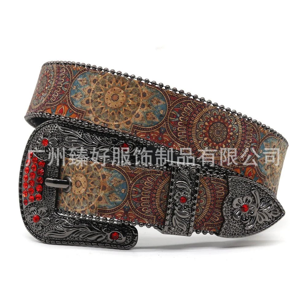 跨境镶钻皮带女印花水钻腰带装饰腰带文艺复古时尚民族风裤腰带