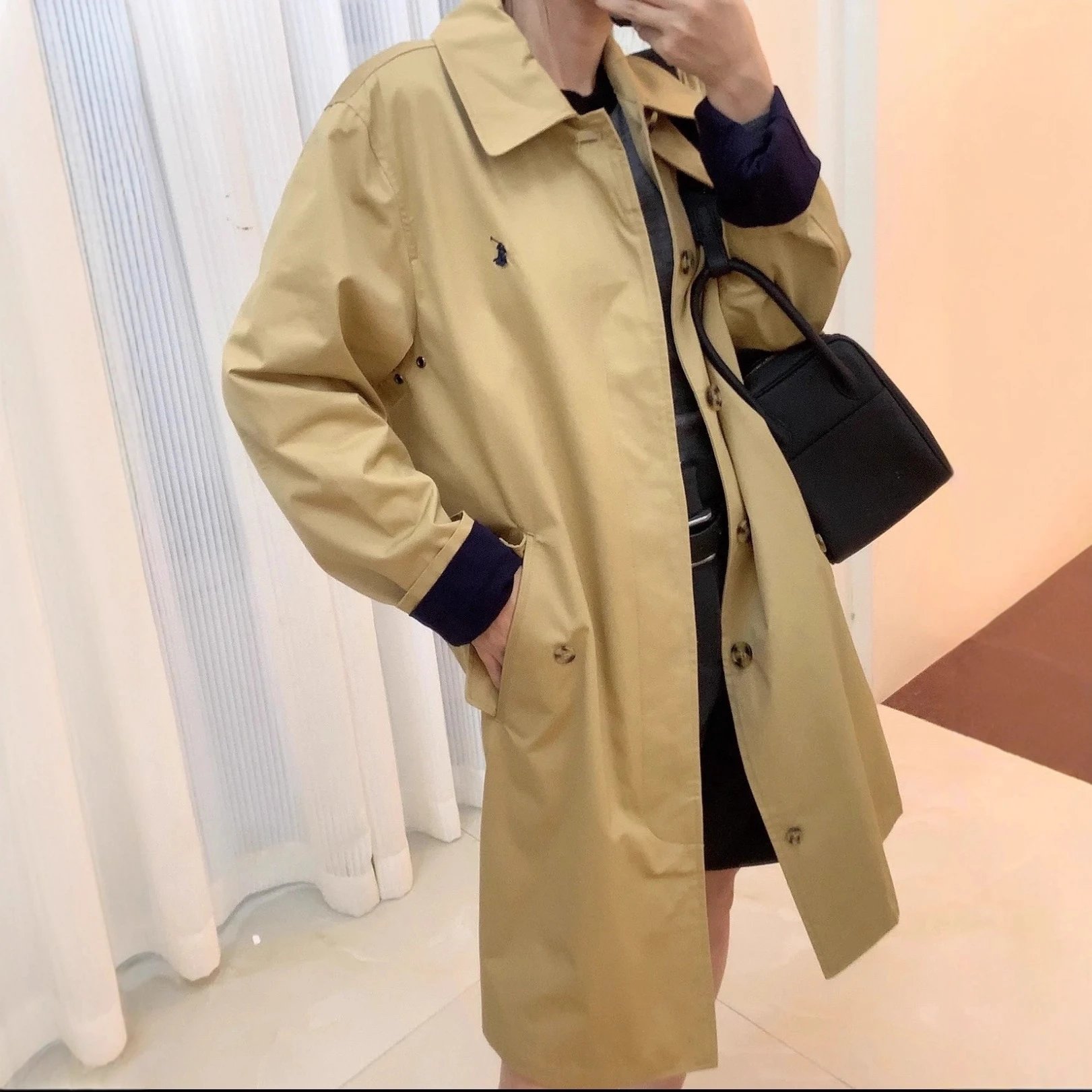 2025秋冬新款RL拉夫小马刺绣内里格纹长款风衣外套男女