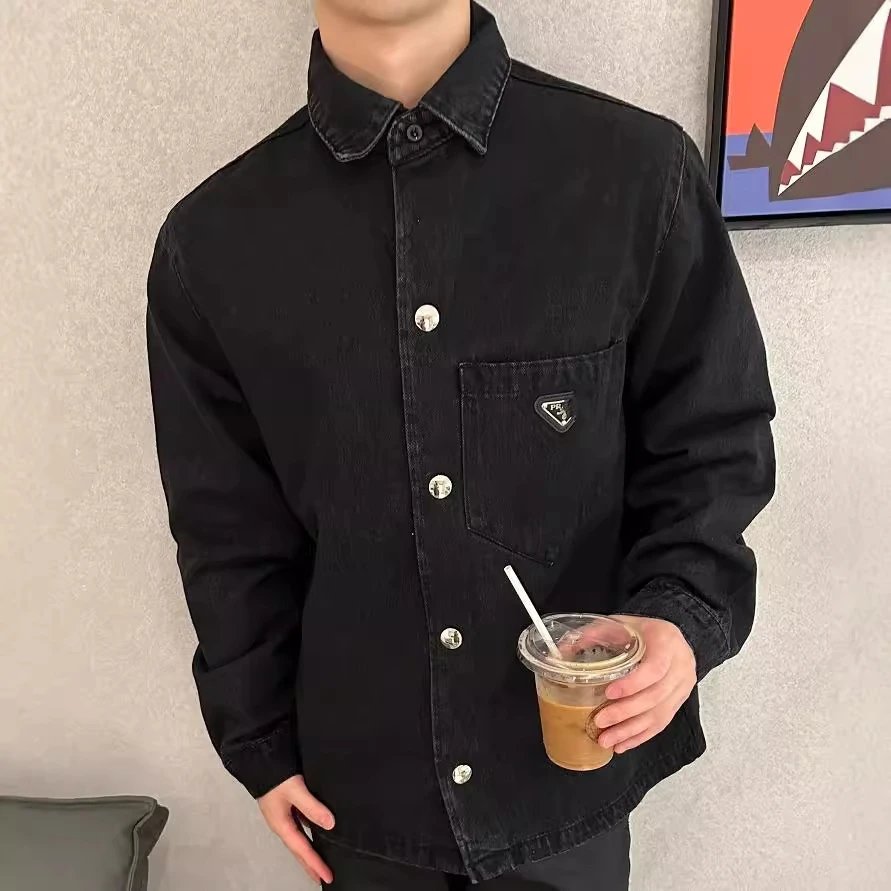 P家走秀款网红款水洗三角标牛仔衬衫男女宽松牛仔衣外套