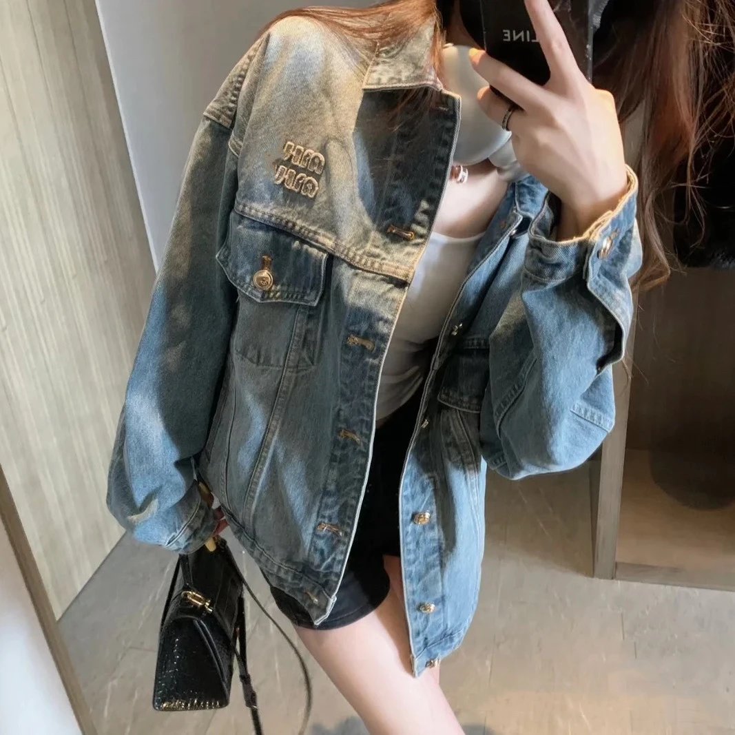 MIU家网红款贴布刺绣水洗复古 牛仔衣男女宽松夹克外套