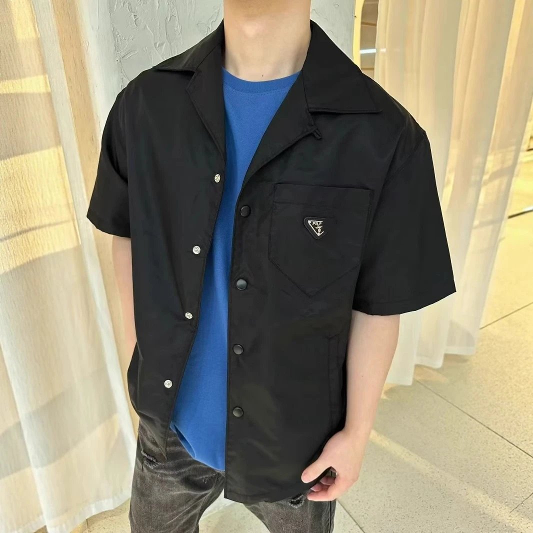 P家金属三角标再生尼龙工装口袋短袖男女衬衫开衫