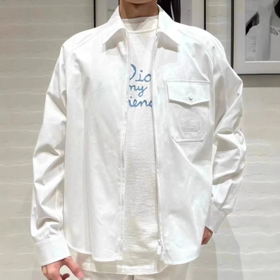 本2025早秋新款DI家白色棉质斜纹布拉链白衬衫开衫男女