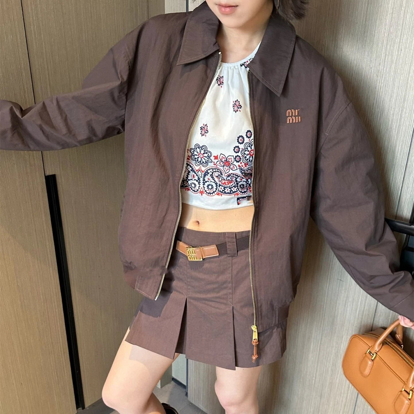 MIU缪家INS网红款可可棕翻领夹克外套 半裙短裙套装女装