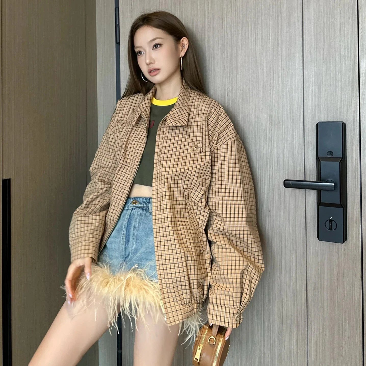 天花板MIU家INS风网红款撞色格子格纹拉链夹克外套男女