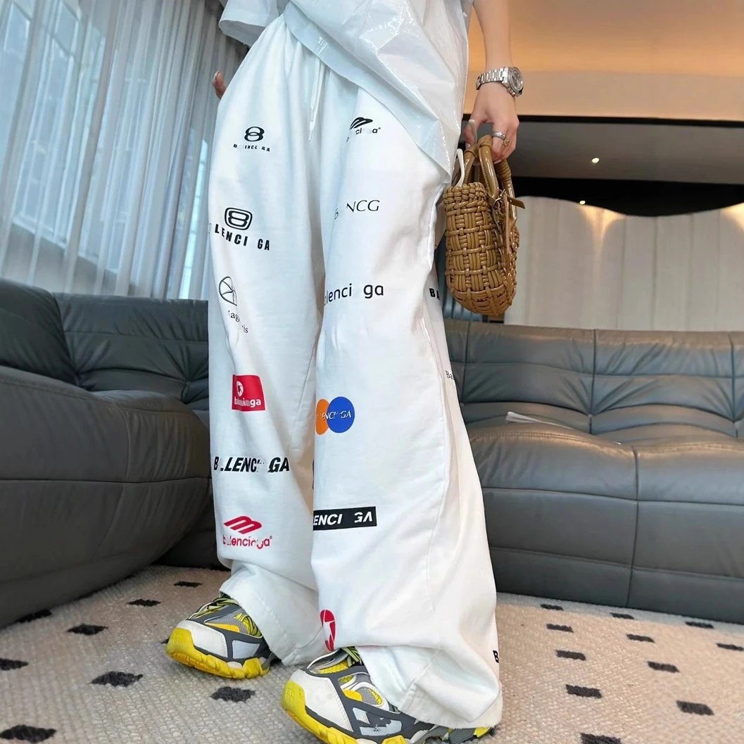 巴黎B家网红款多标满Logo赛车服长裤 字母图案印花卫裤