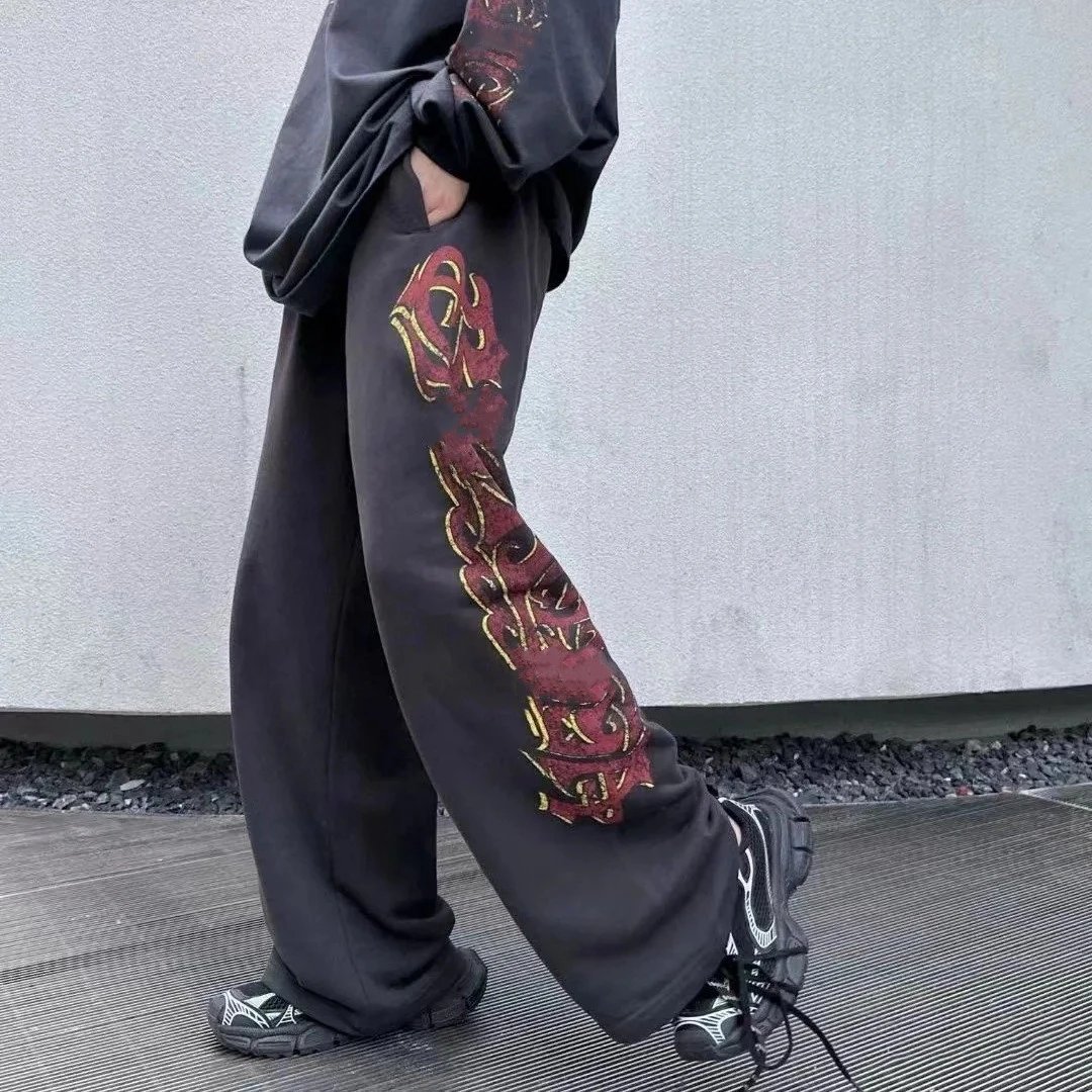 巴黎B家梵文火焰字母LOGO网红款水洗做旧直筒长裤卫裤男女