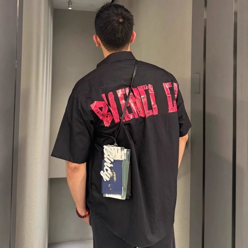夏季新款巴黎B家红色签字胶带LOGO衬衫短袖男女