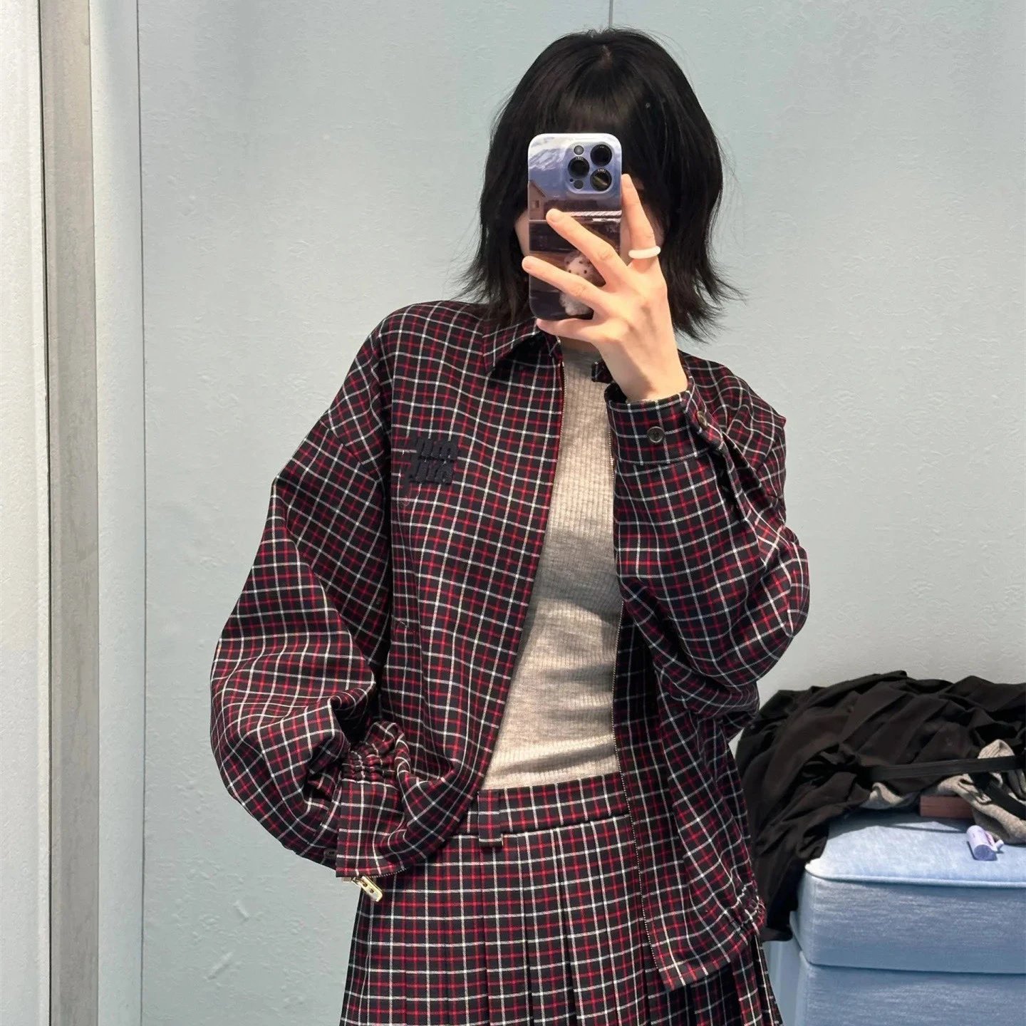25FwMIU缪家网红款贴布刺绣格纹夹克开衫外套男女