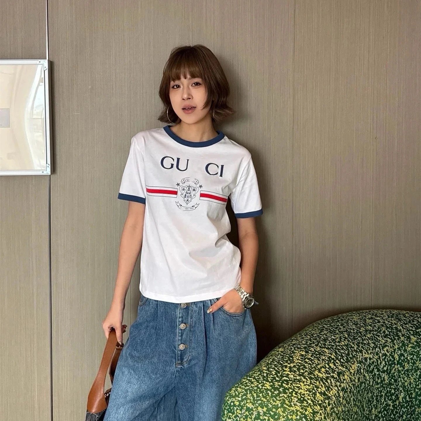 2025夏季新款GU家1921徽章印花圆领短袖T恤上衣男女