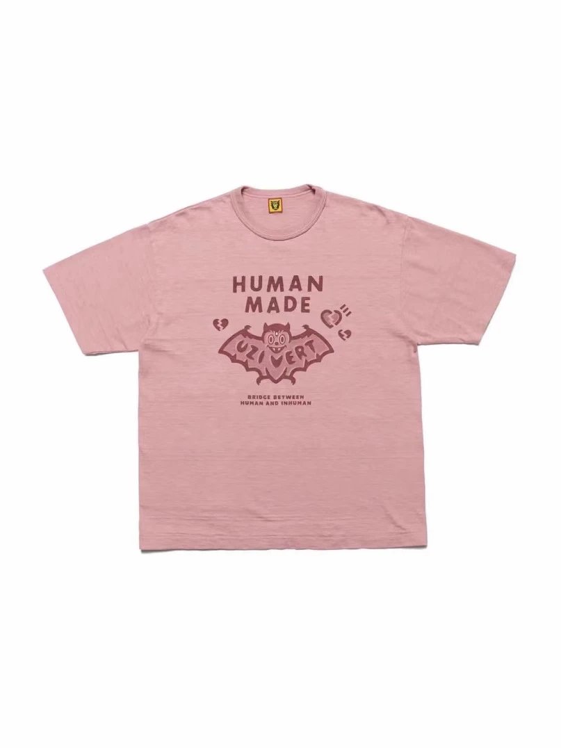 日系复古human蝙蝠袖卡通图案印花短袖竹节棉宽松T恤男女款