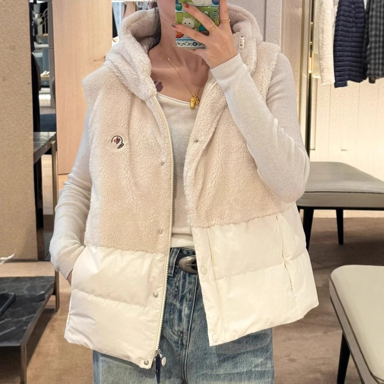 2025秋冬新款M蒙家网红款女士泰迪绒连帽羽绒服马甲