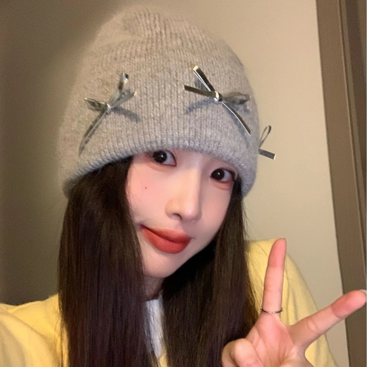 秋冬新款兔毛银标蝴蝶结毛线帽子女甜美包头冷帽百搭针织帽