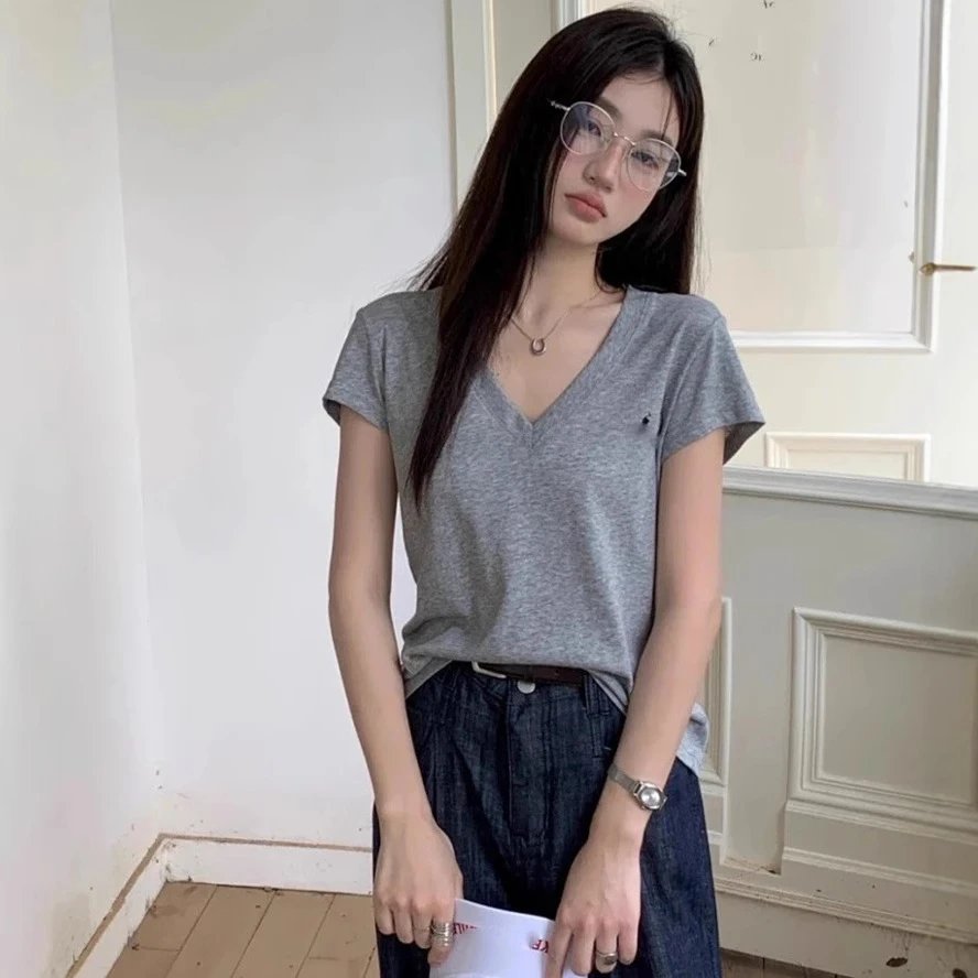 RL拉夫小马刺绣经典基础款网红款显瘦收腰V领短袖T恤女