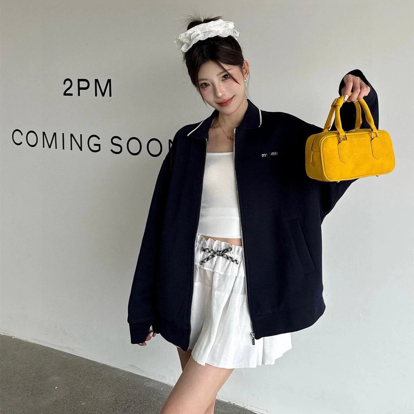 本MIU缪家小红书网红款刺绣开衫宽松翻领卫衣外套男女