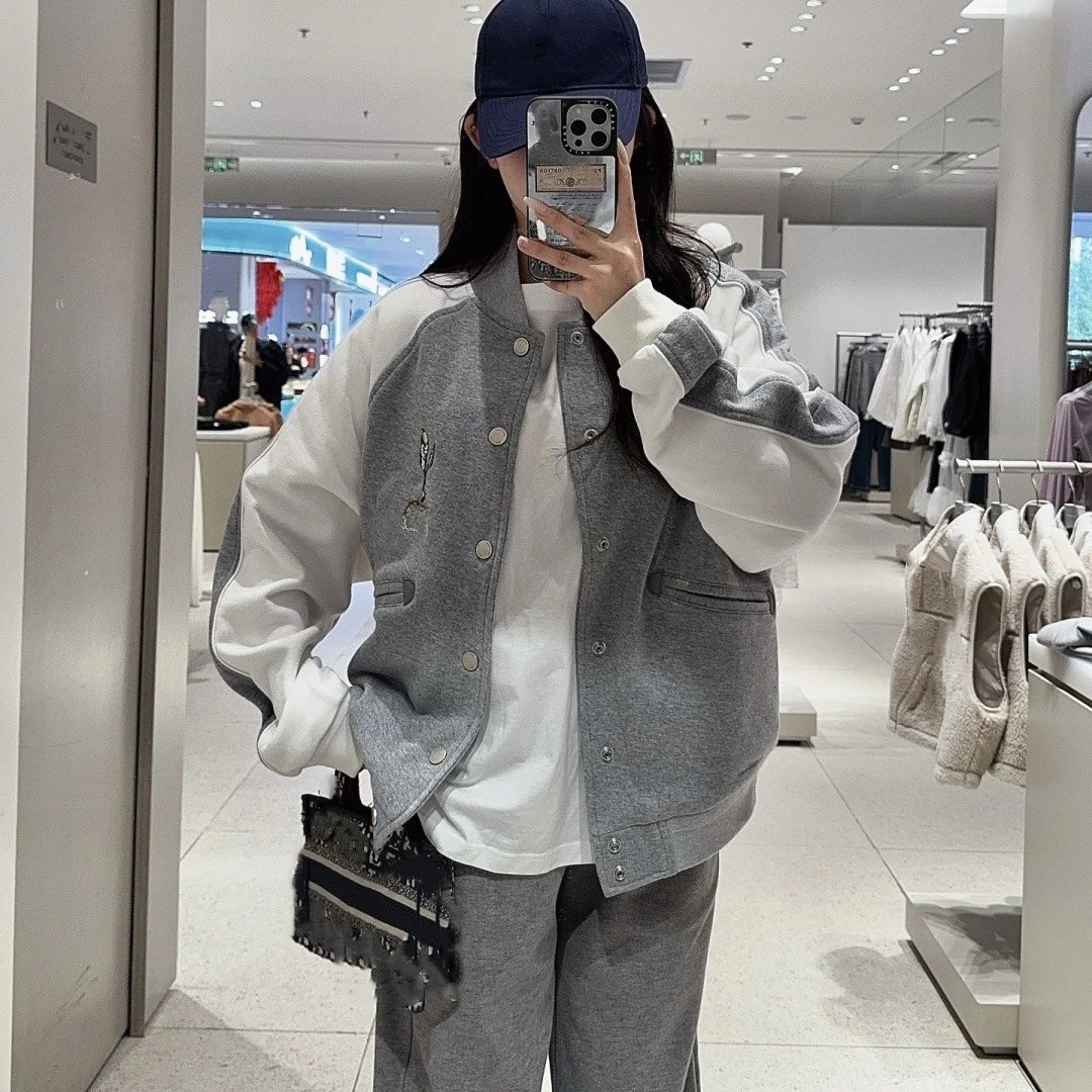 DI家新款铃兰花刺绣拼接撞色夹克棒球服外套男女