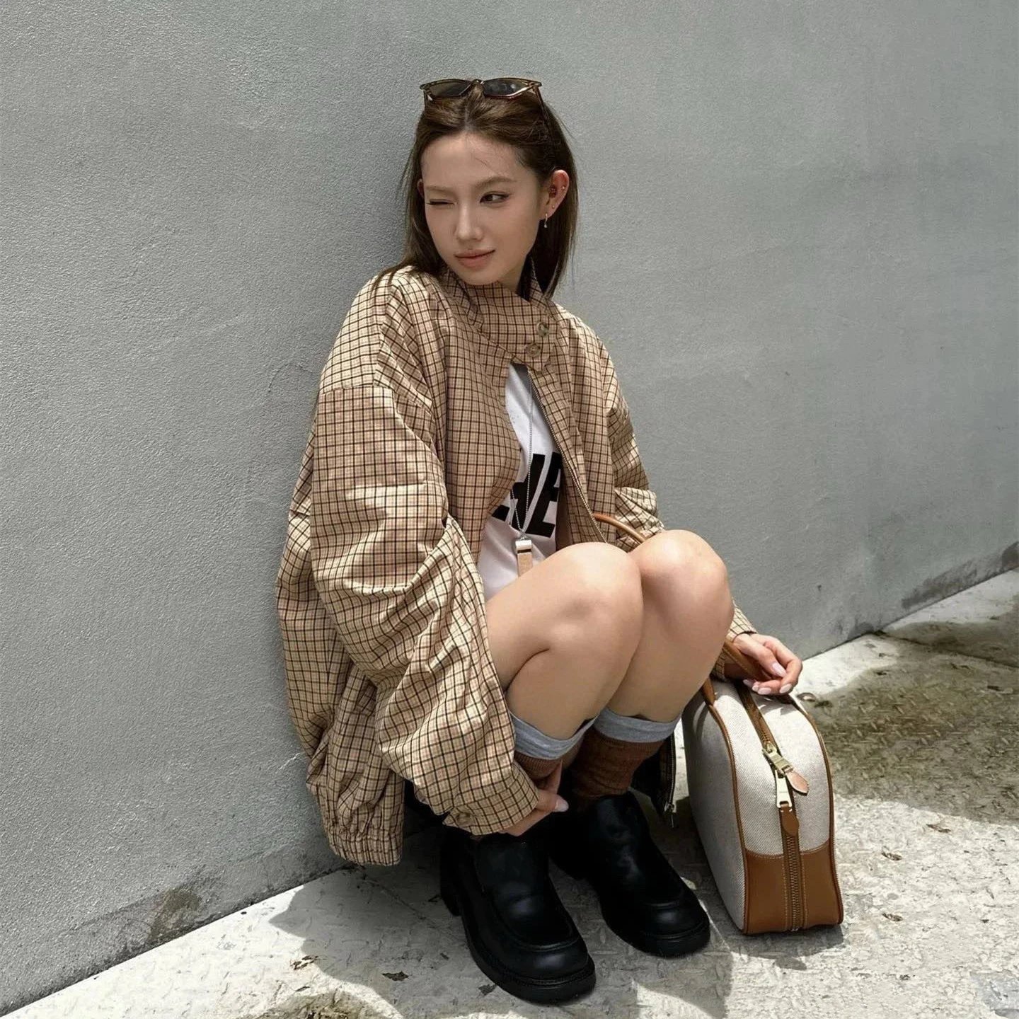 25FwMIU缪家网红款贴布刺绣格纹夹克开衫外套男女