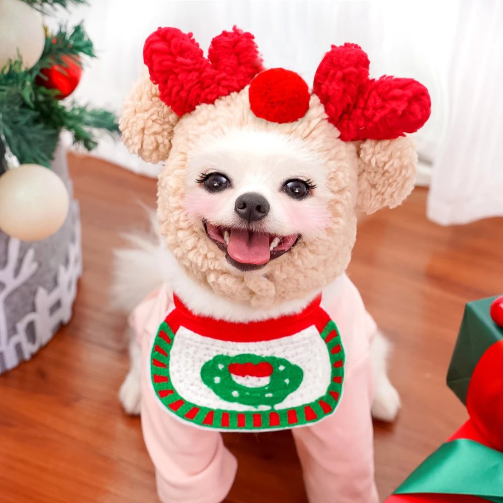 圣诞节麋鹿狗狗猫咪宠物狗帽子口水巾围兜泰迪秋冬猫衣服用品服饰