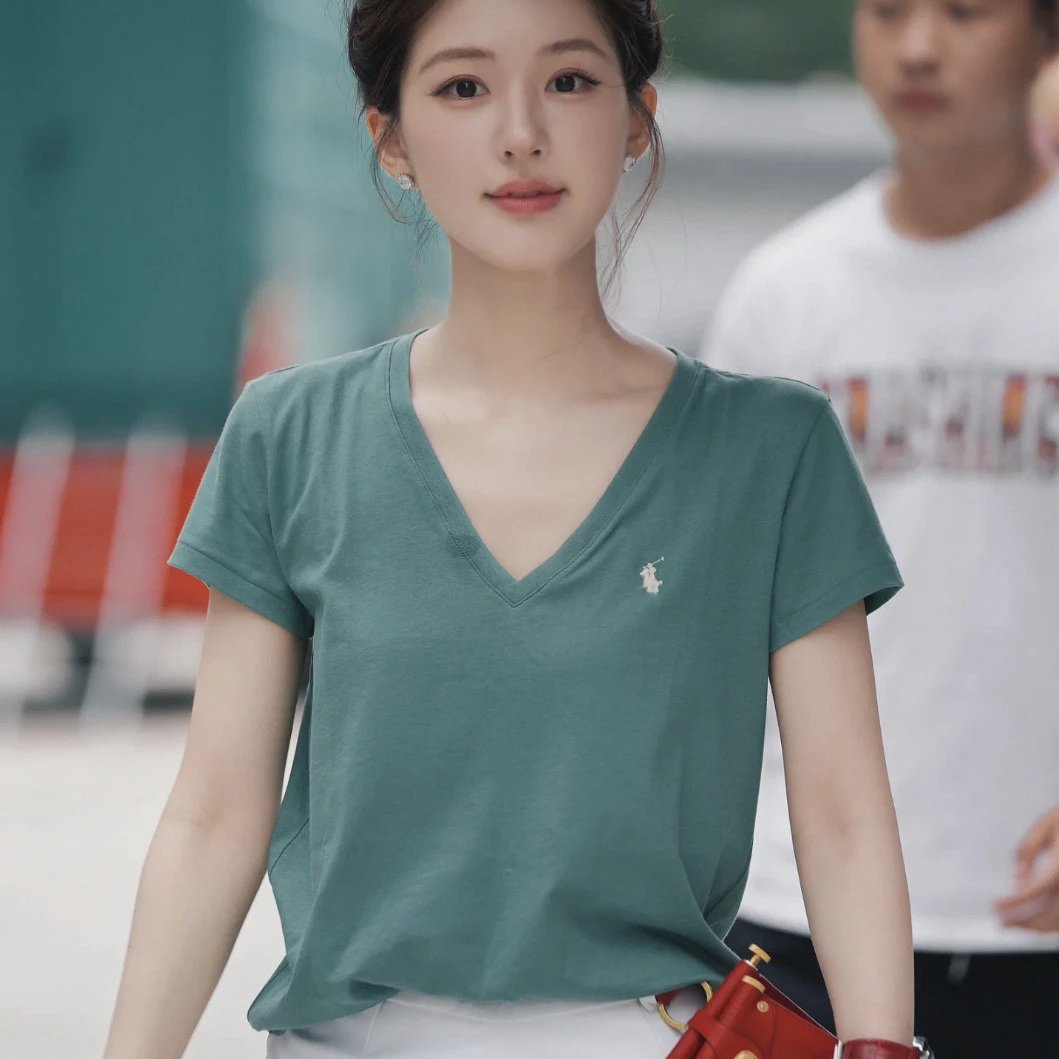 RL拉夫小马刺绣经典基础款明星款显瘦收腰V领短袖T恤女