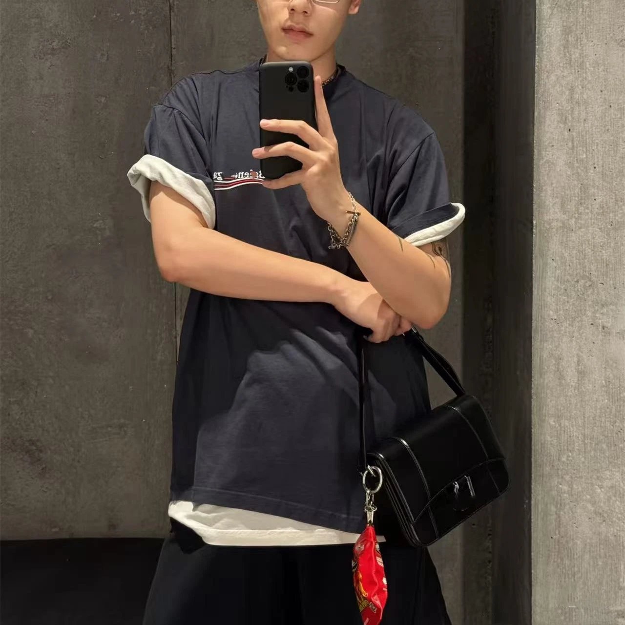 巴黎B家经典海浪花LOGO刺绣双层两件套短袖T恤男女