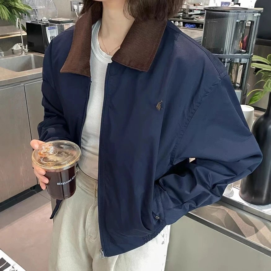 本RL拉夫小马刺绣灯芯绒拼接翻领夹克复古夹克外套男女