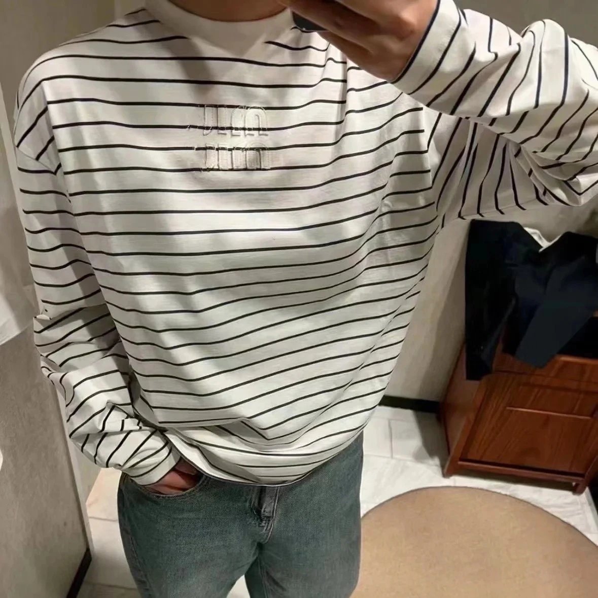 MIU缪家款字母贴布LOGO宽松条纹长袖T恤男女打底衫