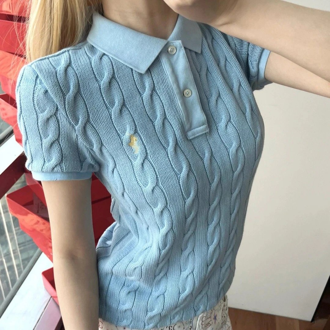 2025夏季新款RL拉夫小马刺绣麻花针织开衫短袖POLO衫女士