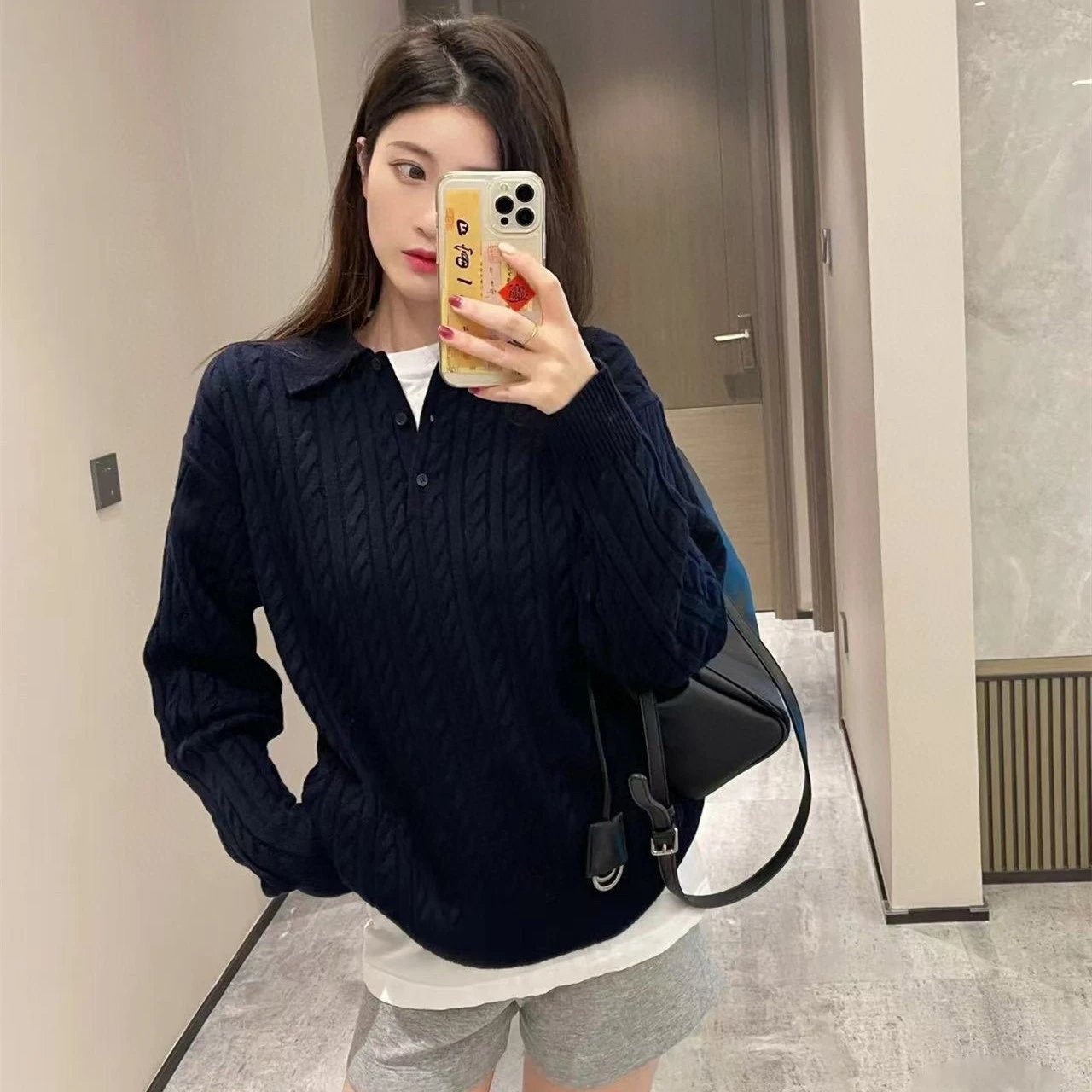 本MIU缪家小红书款羊绒POLO衫套头麻花毛衣男女