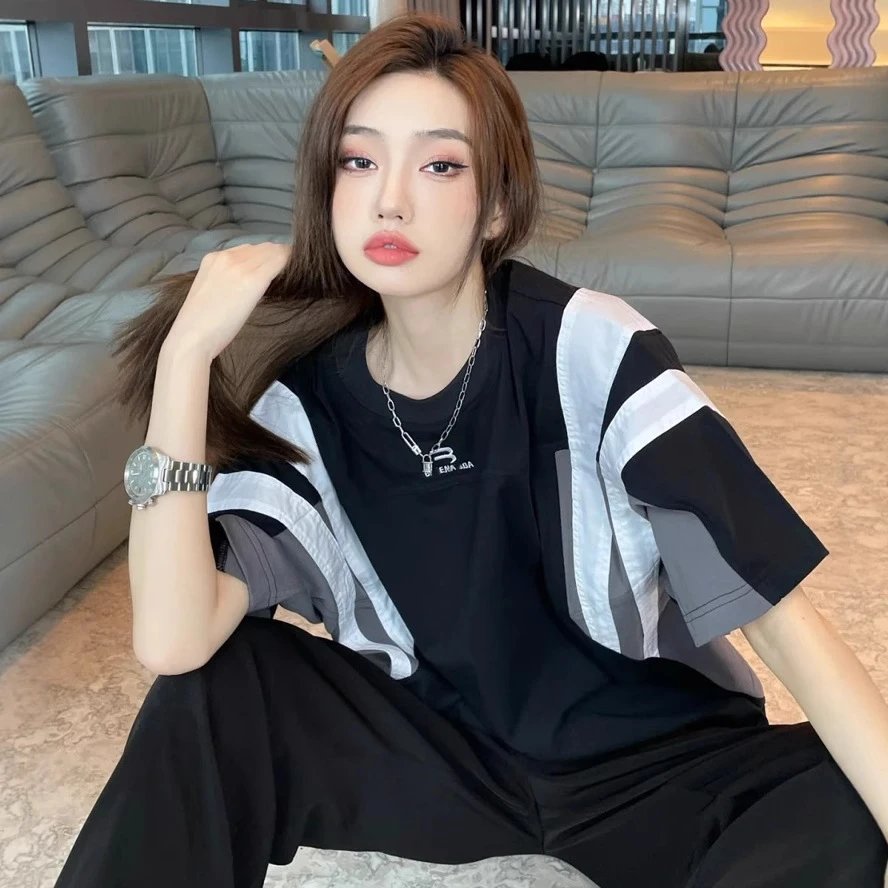 巴黎B家网红款双勾刺绣撞色拼接拼色宽松廓形短袖T恤男女
